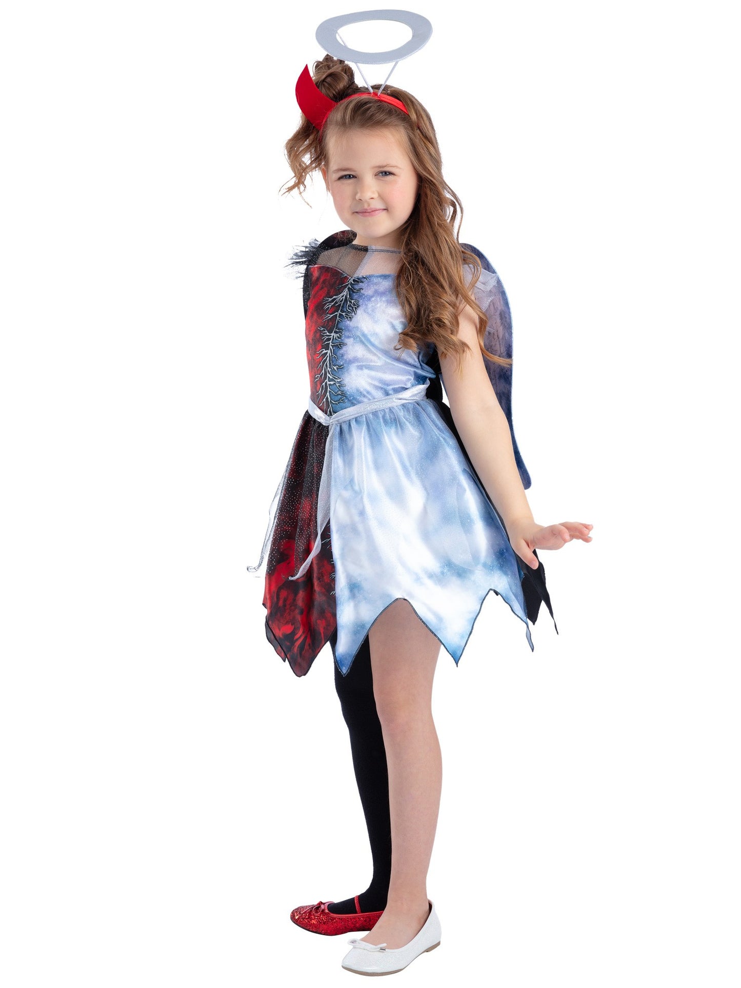 Smiffys Half Angel Half Devil Kostüm für Mädchen mit Kleid, Flügeln und Stirnband – Seitenansicht