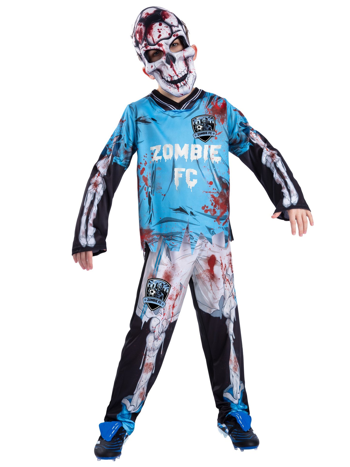 Smiffys blaues Zombie-Fussballer-Skelett-Kostüm für Kinder mit Oberteil, Hose und Maske