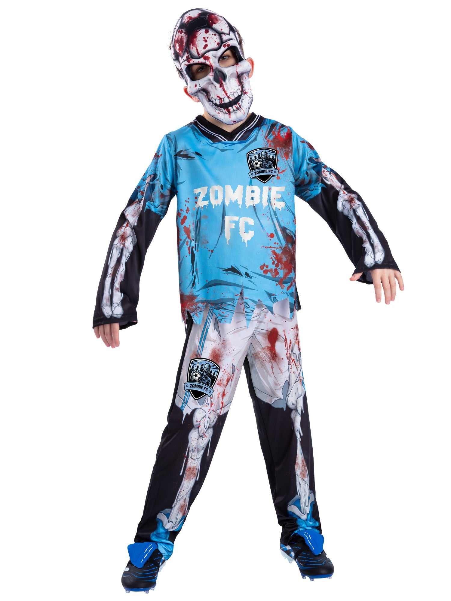 Smiffys blaues Zombie-Fussballer-Skelett-Kostüm für Kinder mit Oberteil, Hose und Maske
