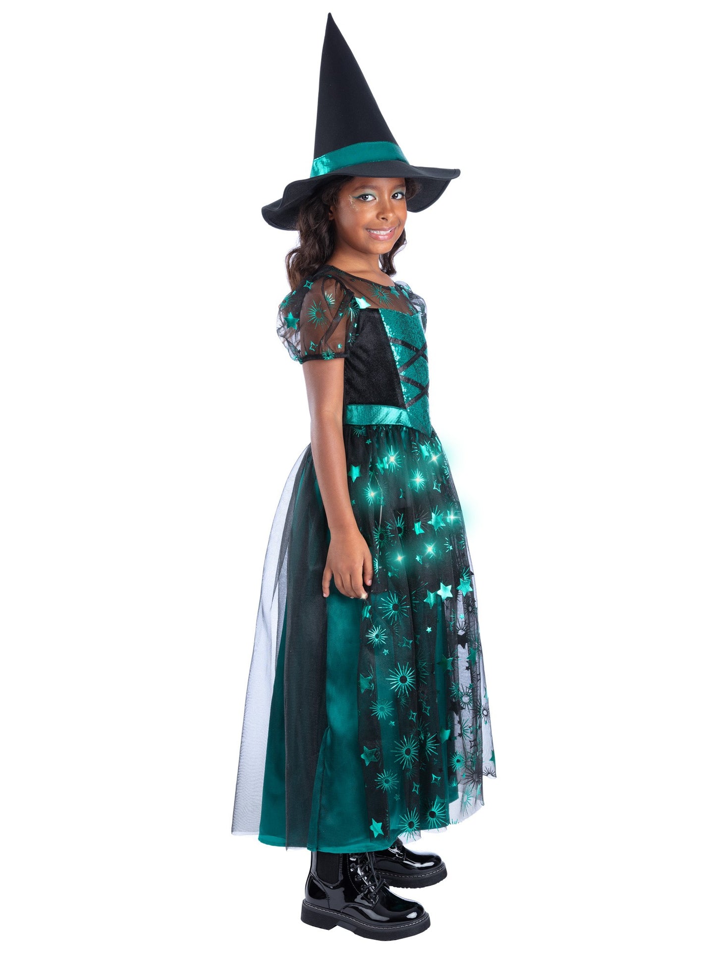 Smiffys Emerald Witch Light Up Hexenkostüm für Mädchen mit Kleid und Hut – Detailansicht
