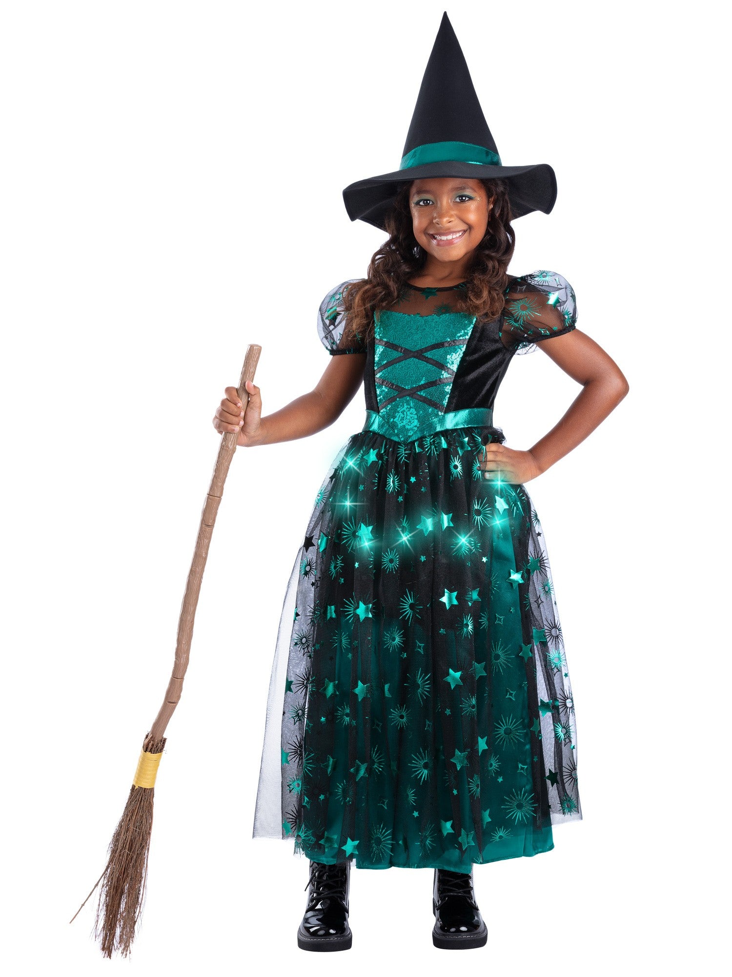 Smiffys Emerald Witch Light Up Hexenkostüm für Mädchen mit Kleid und Hut – Produktansicht
