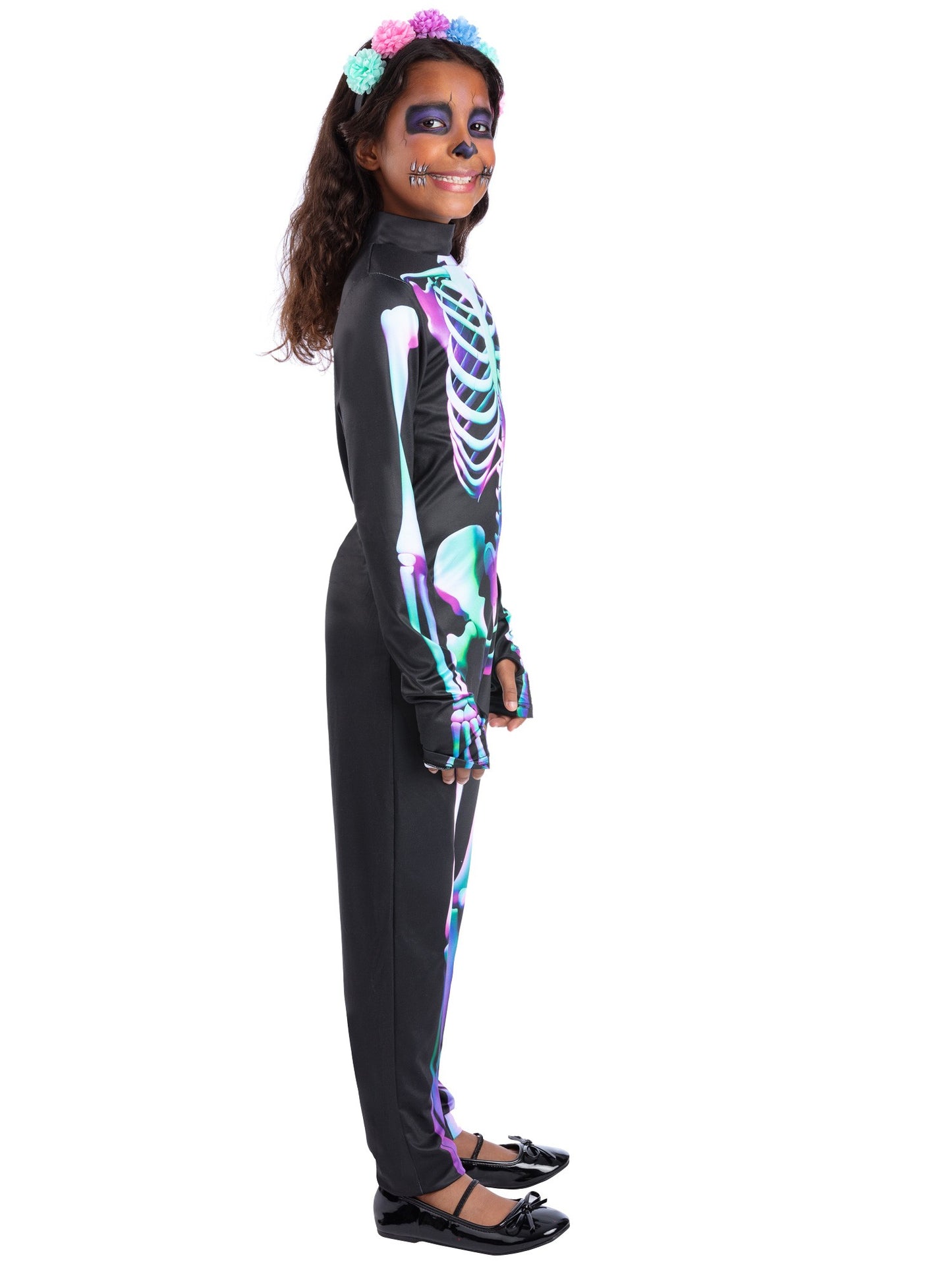 Smiffys Bright Bones Skelettkostüm für Mädchen mit Overall und Stirnband – Seitenansicht