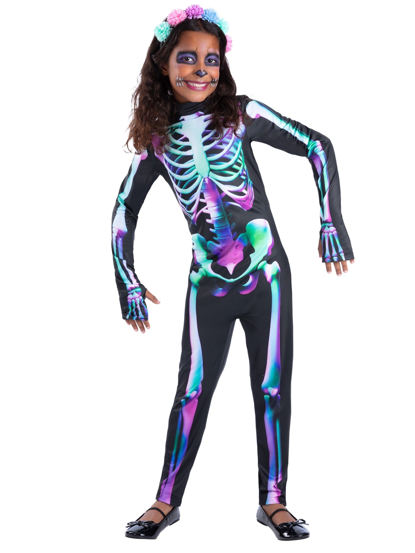 Smiffys Bright Bones Skelettkostüm für Mädchen mit Overall und Stirnband – Produktansicht
