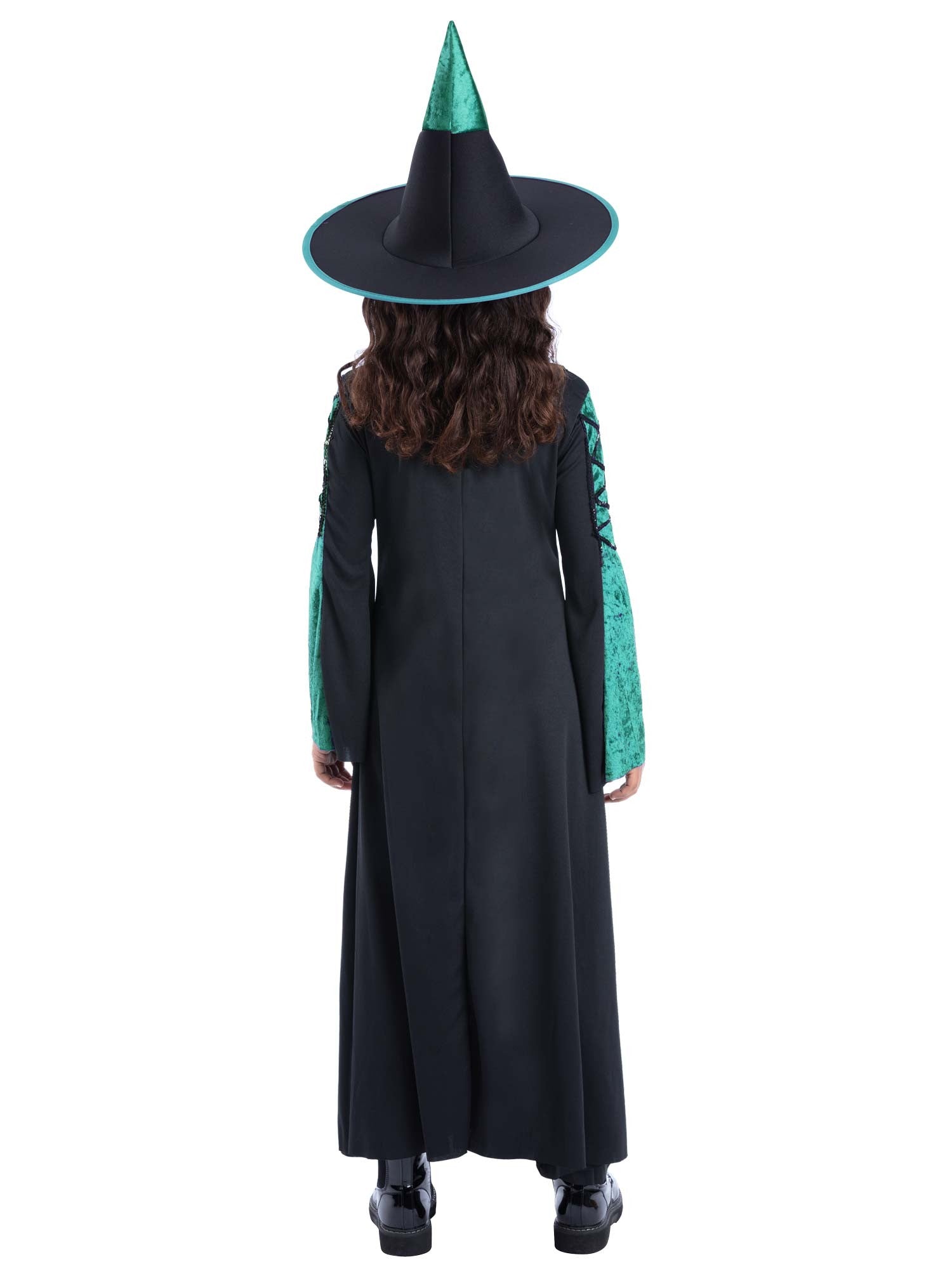 Smiffys Bewitched grünes Hexenkostüm für Mädchen mit Kleid und Hut – Detailansicht