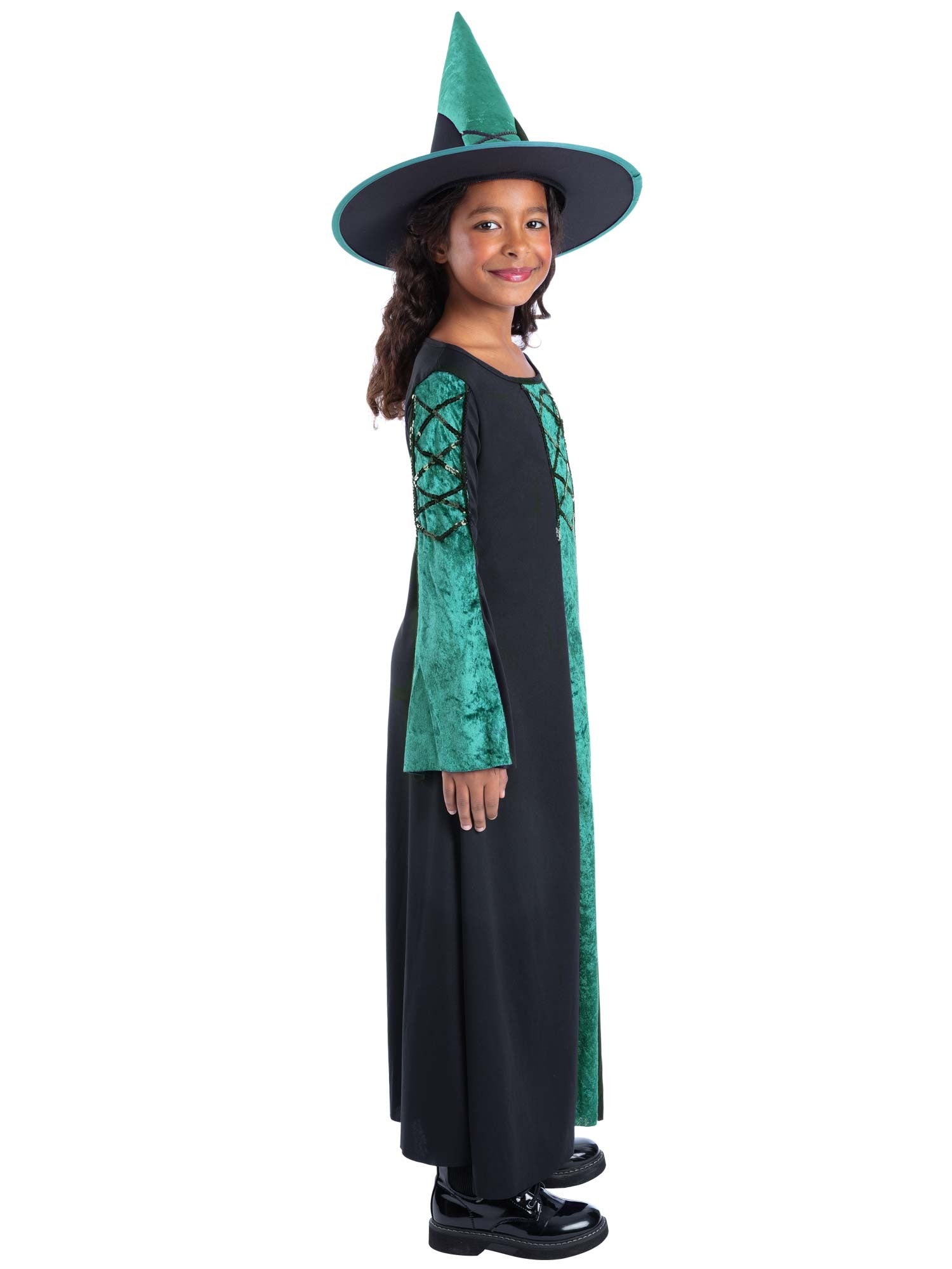 Smiffys Bewitched grünes Hexenkostüm für Mädchen mit Kleid und Hut – Seitenansicht