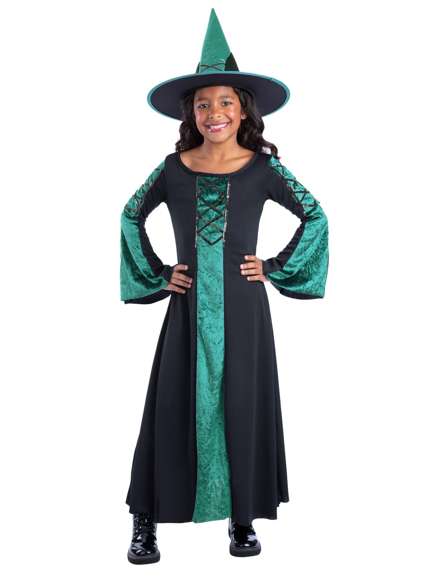 Smiffys Bewitched grünes Hexenkostüm für Mädchen mit Kleid und Hut – Produktansicht