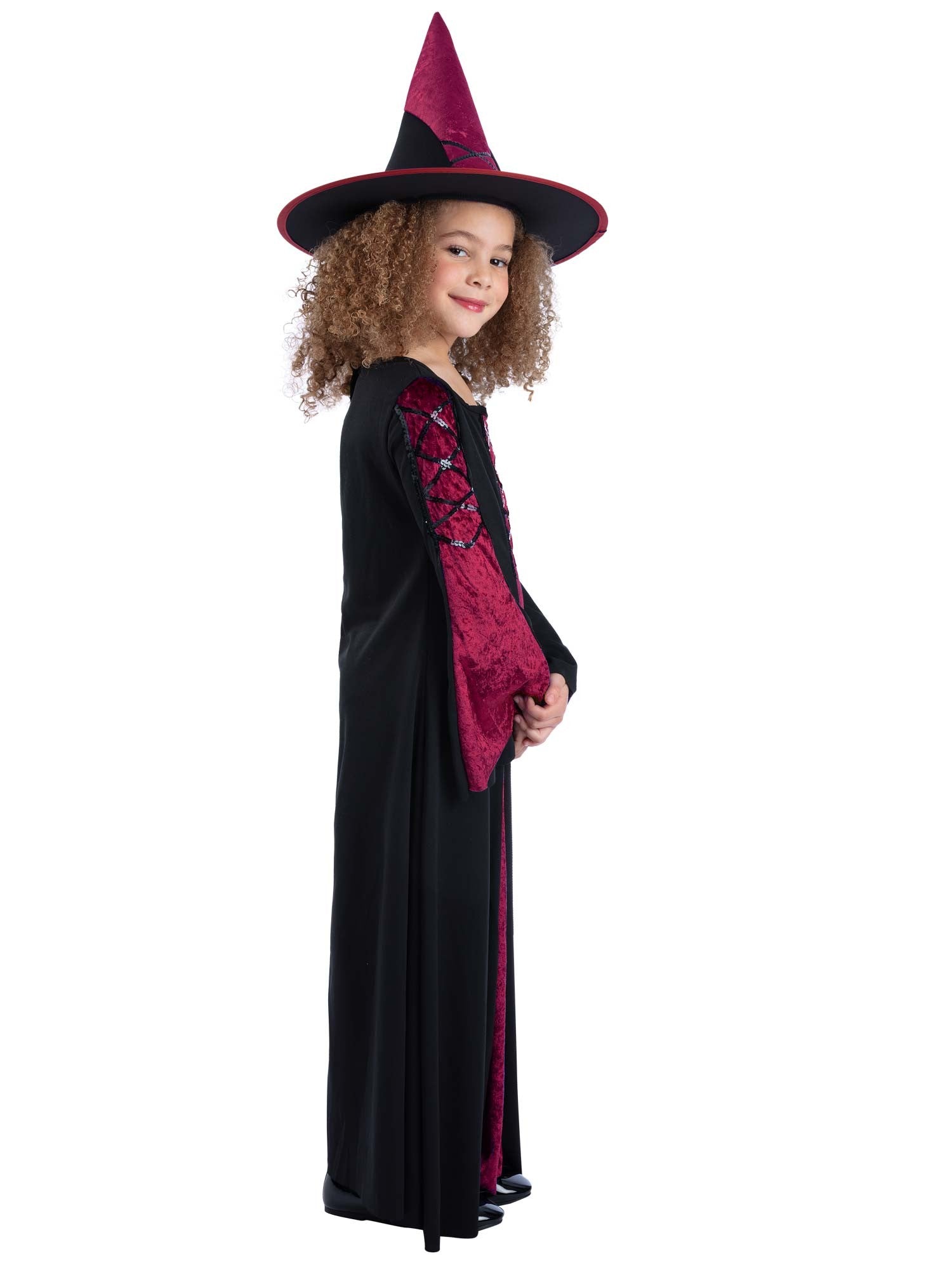 Smiffys Bewitched Hexenkostüm für Mädchen in Rot mit Kleid und Hexenhut – Seitenansicht