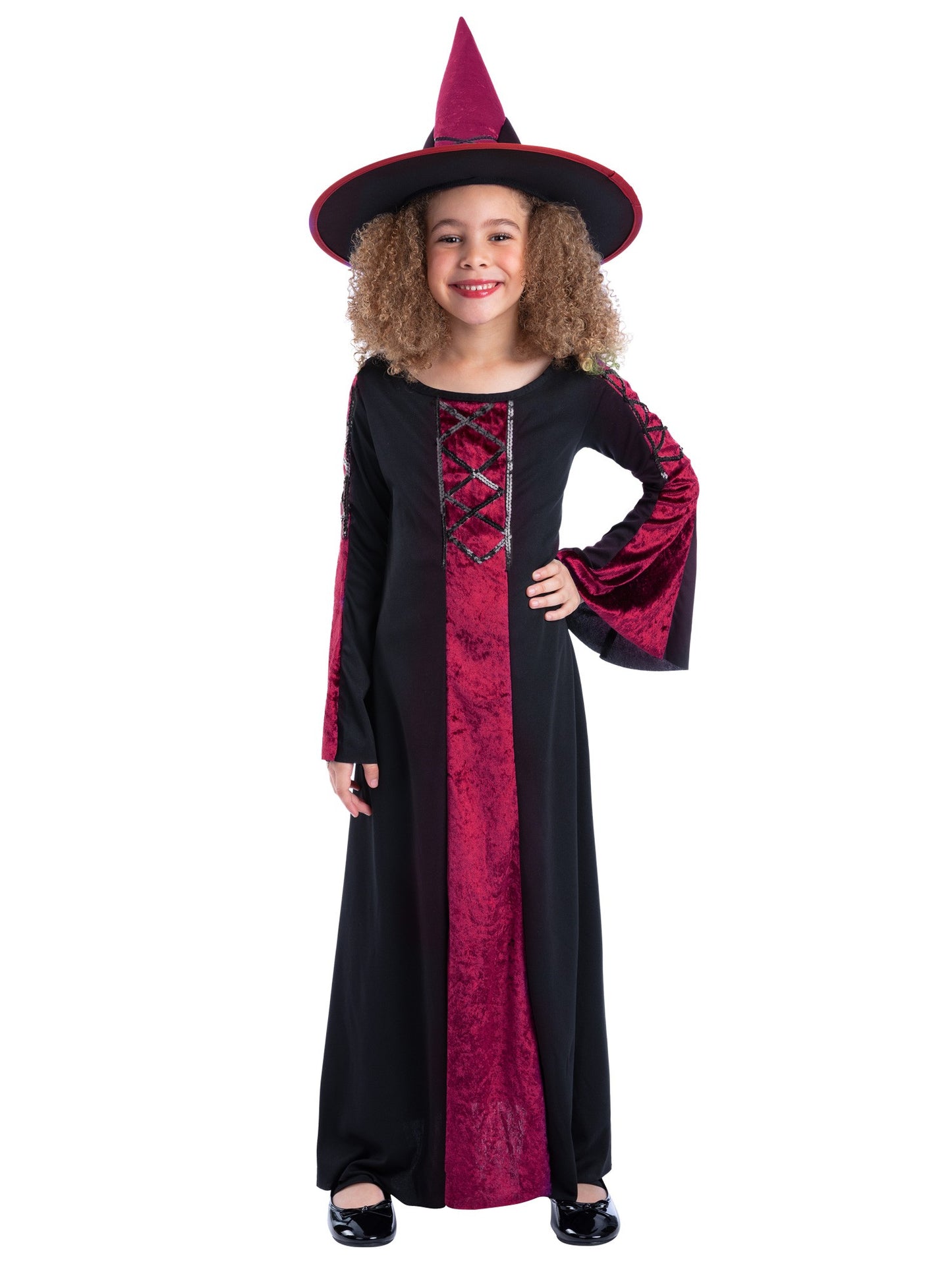 Smiffys Bewitched Hexenkostüm für Mädchen in Rot mit Kleid und Hexenhut – Produktansicht