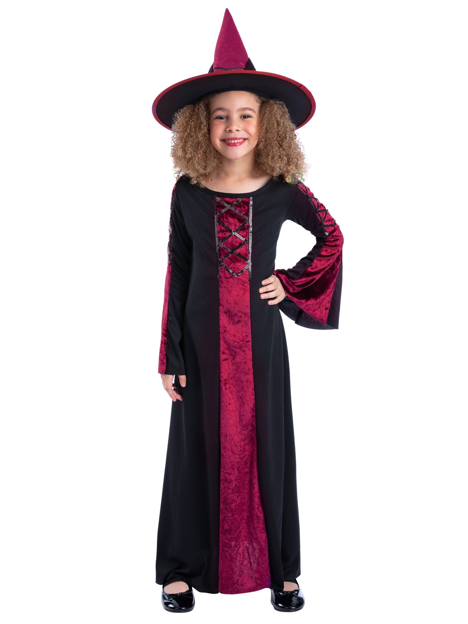 Smiffys Bewitched Hexenkostüm für Mädchen in Rot mit Kleid und Hexenhut – Produktansicht