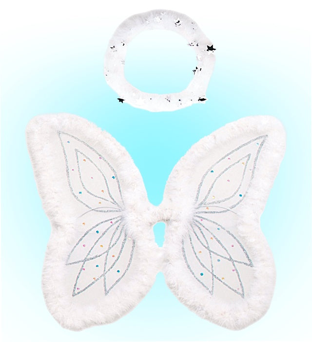Engel Kostümset mit weißen Flügeln, Marabou-Heiligenschein und Paillettenverzierung