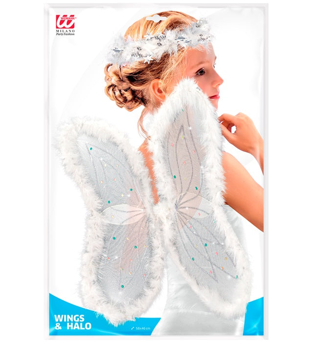 Engel Kostümset mit weißen Flügeln, Marabou-Heiligenschein und Paillettenverzierung