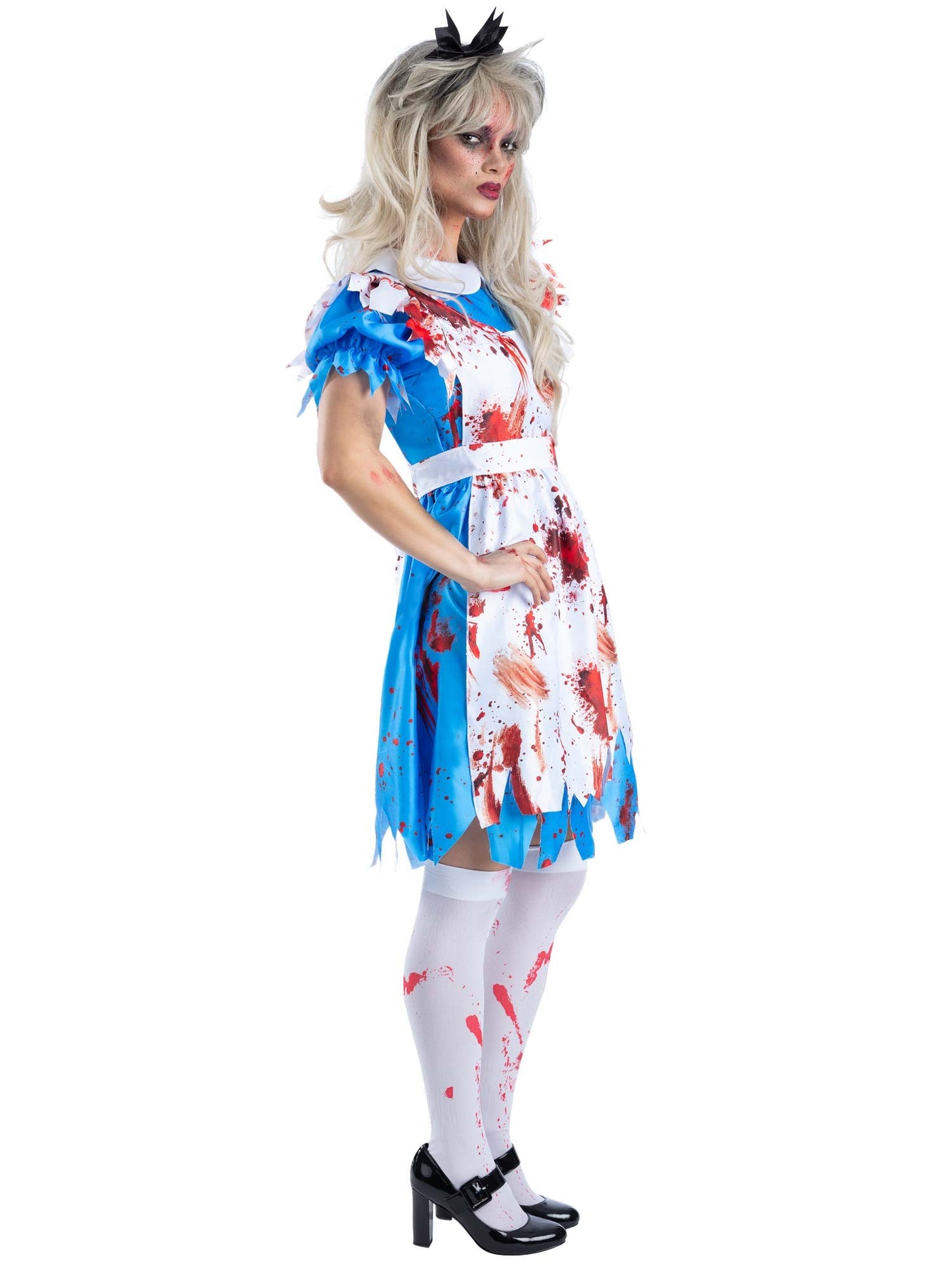 Smiffys Zombie-Wonderland-Kostüm für Damen mit Kleid, Schürze und Stirnband – Seitenansicht