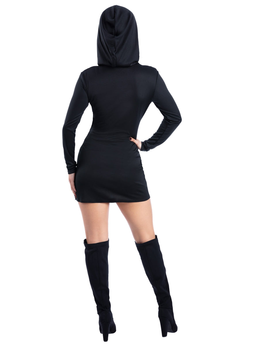Smiffys Skelettkostüm mit Strass für Damen – Kleid mit Kapuze – Detailansicht