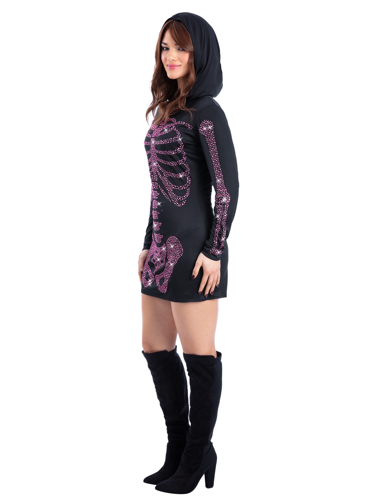 Smiffys Skelettkostüm mit Strass für Damen – Kleid mit Kapuze – Seitenansicht