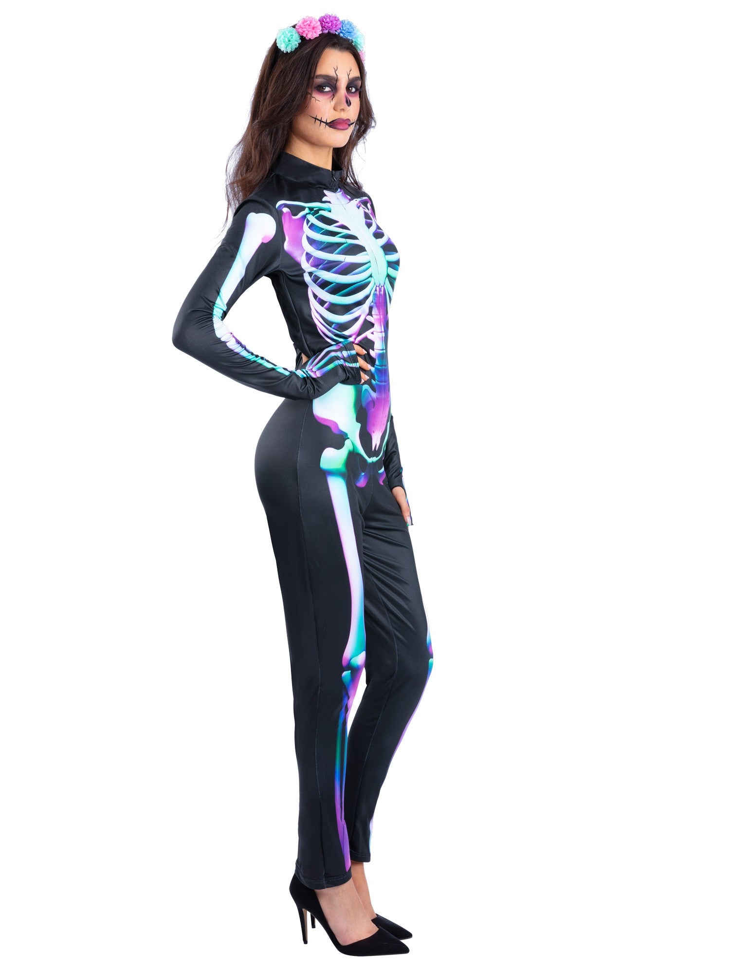Smiffys Bright Bones Skeleton Kostüm für Damen mit Overall und Stirnband – Seitenansicht