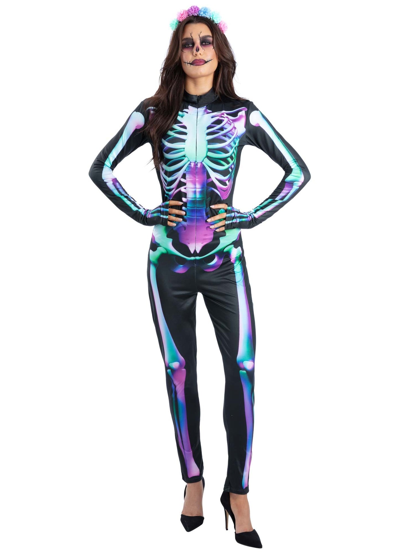 Smiffys Bright Bones Skeleton Kostüm für Damen mit Overall und Stirnband – Produktansicht