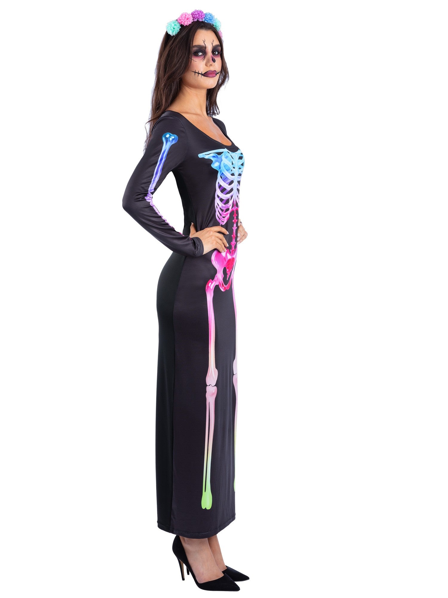 Smiffys Sugar Bones Skeleton Kostüm für Damen mit Kleid und Stirnband – Seitenansicht