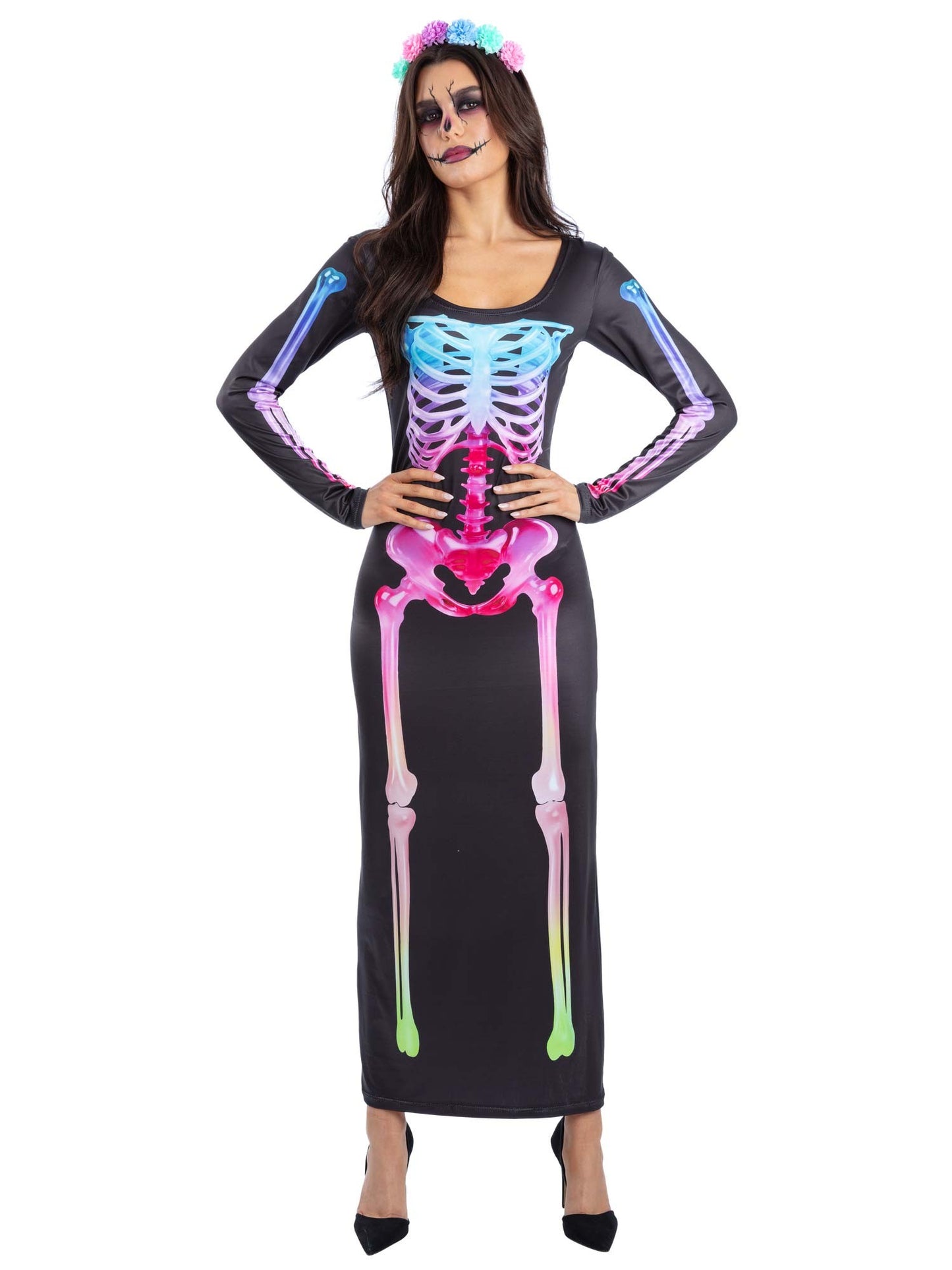 Smiffys Sugar Bones Skeleton Kostüm für Damen mit Kleid und Stirnband – Produktansicht
