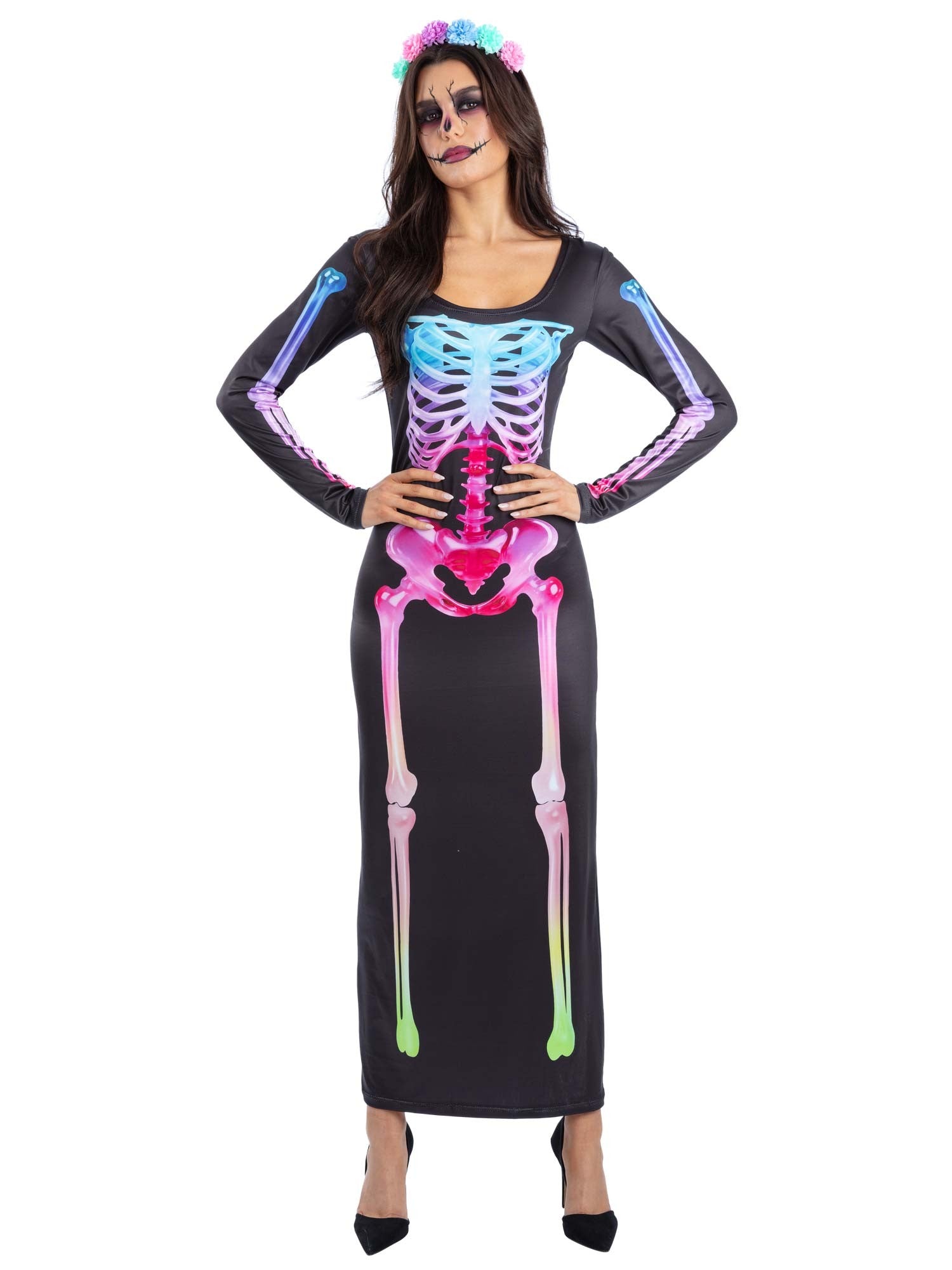 Smiffys Sugar Bones Skeleton Kostüm für Damen mit Kleid und Stirnband – Produktansicht