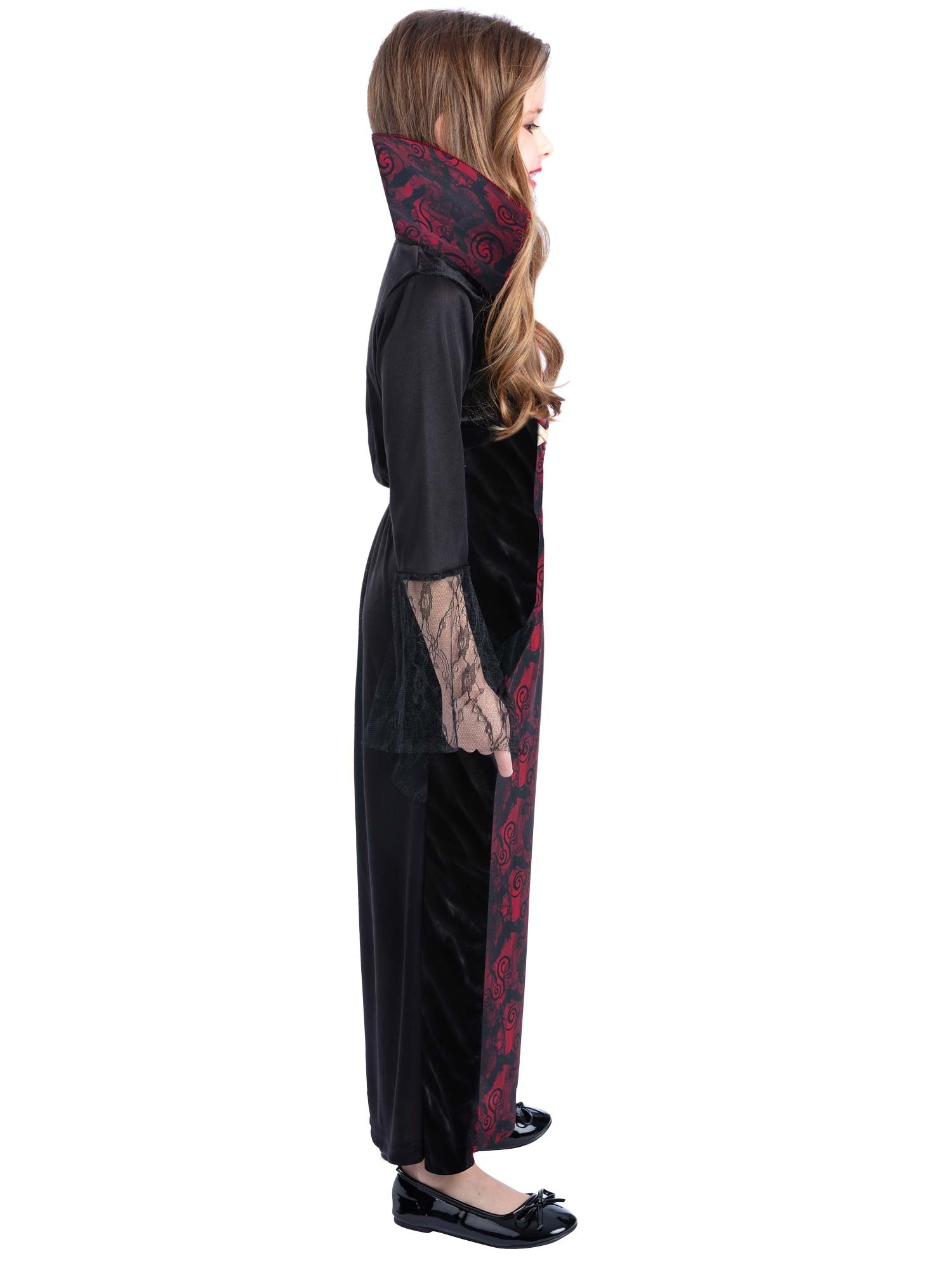 Smiffys Vampiress-Kostüm für Mädchen mit Kleid und angenähtem Kragen – Seitenansicht