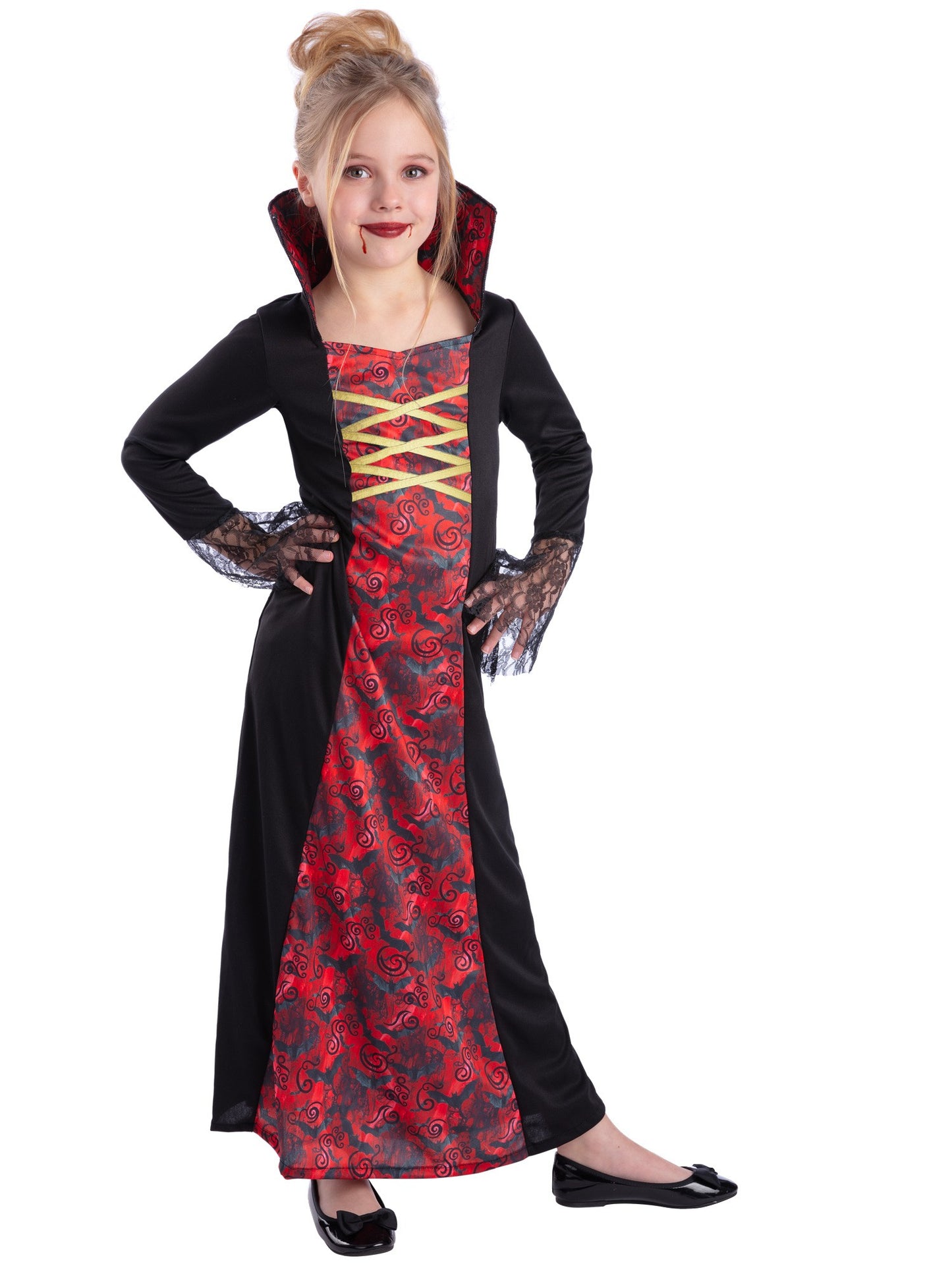 Smiffys Vampiress-Kostüm für Mädchen mit Kleid und angenähtem Kragen – Produktansicht
