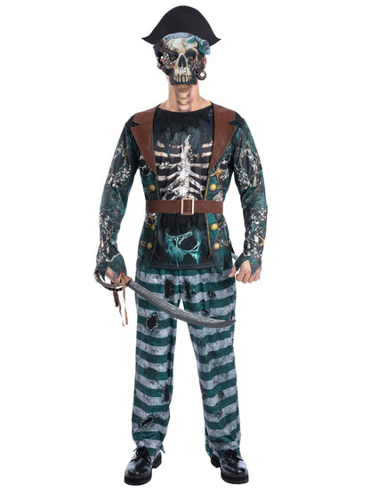 Smiffys Skeleton Pirate Captain Kostüm für Herren mit Oberteil, Hose, Gürtel und Maske – Produktansicht