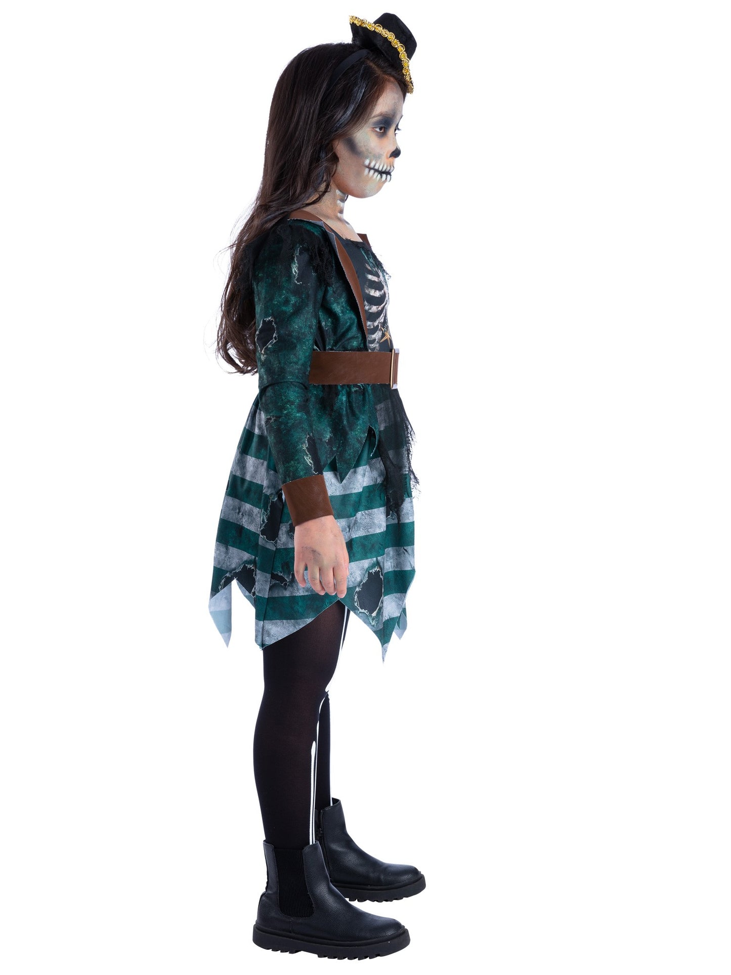 Smiffys Skeleton Pirate Maiden Kostüm für Mädchen mit Kleid, Gürtel und Hut – Seitenansicht