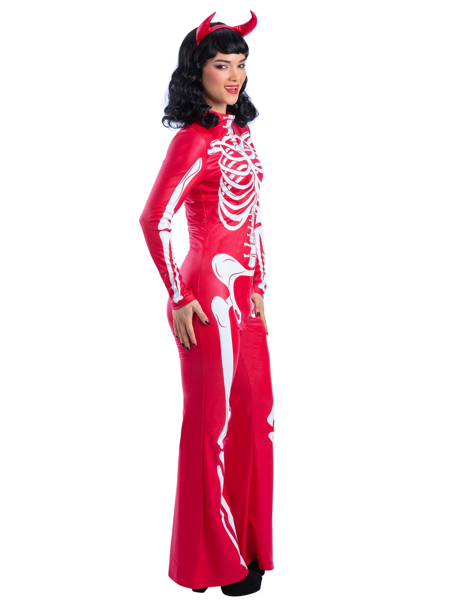 Smiffys Fever Devil Skeleton Kostüm für Damen mit bedrucktem Overall und Haarreif – Seitenansicht