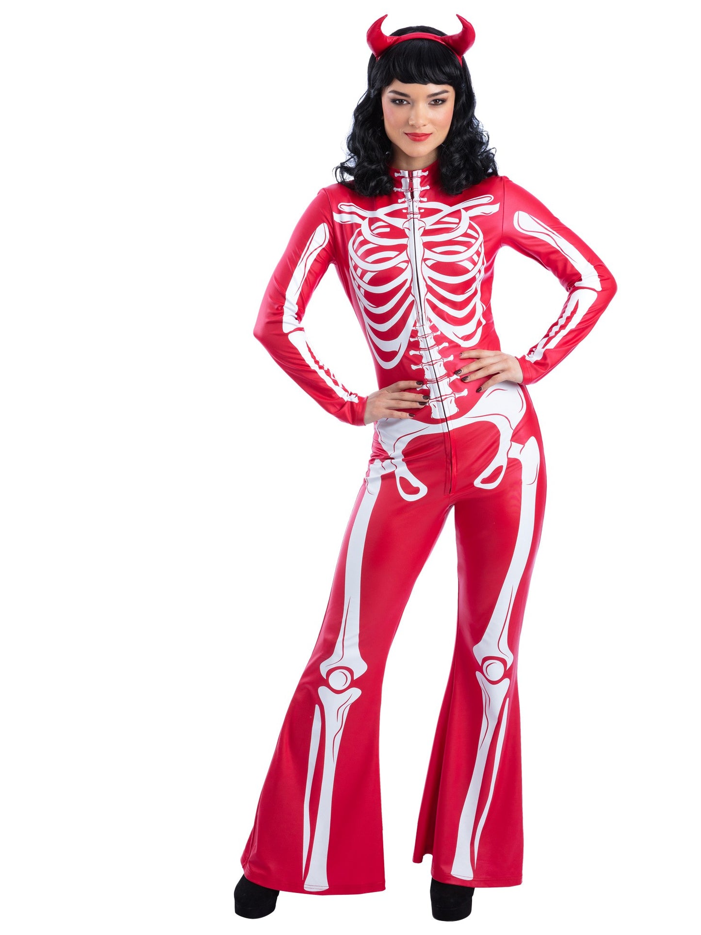 Smiffys Fever Devil Skeleton Kostüm für Damen mit bedrucktem Overall und Haarreif – Produktansicht
