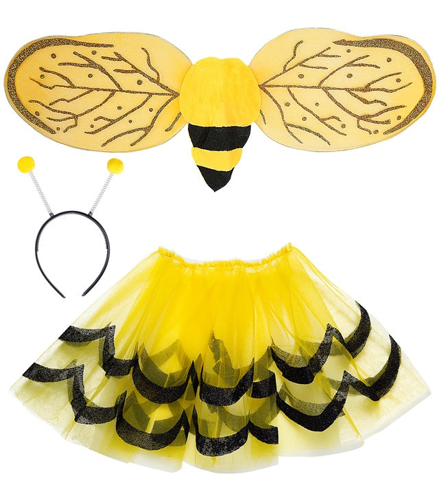 Biene Kostüm Set mit gelbem Tutu, schwarzen Flügeln und Antennen