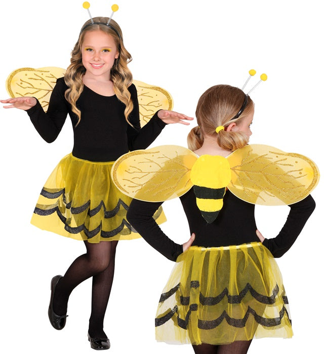 Biene Kostüm Set mit gelbem Tutu, schwarzen Flügeln und Antennen