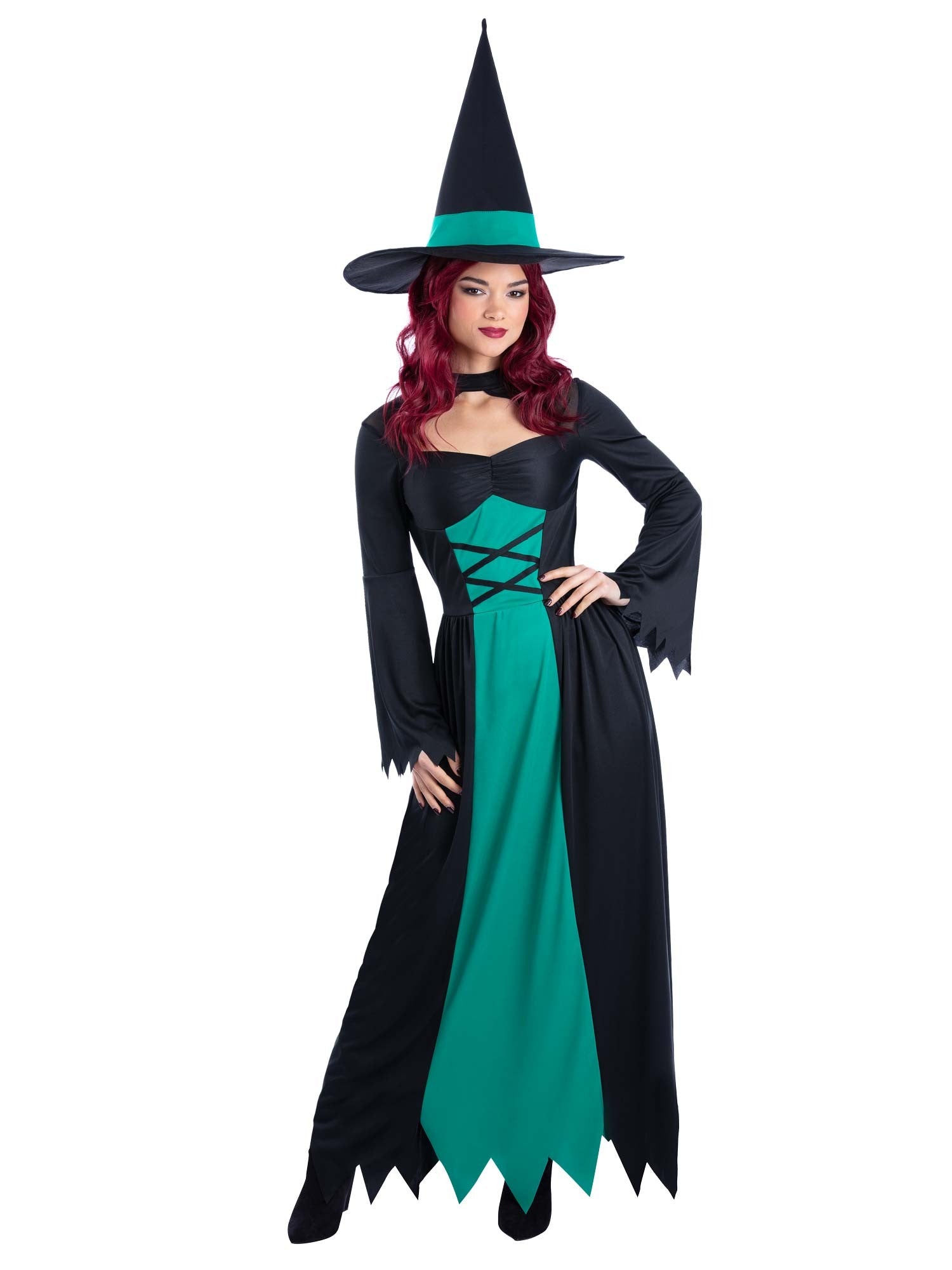 Smiffys Bewitched grünes Hexenkostüm für Damen mit Kleid und Hut – Produktansicht