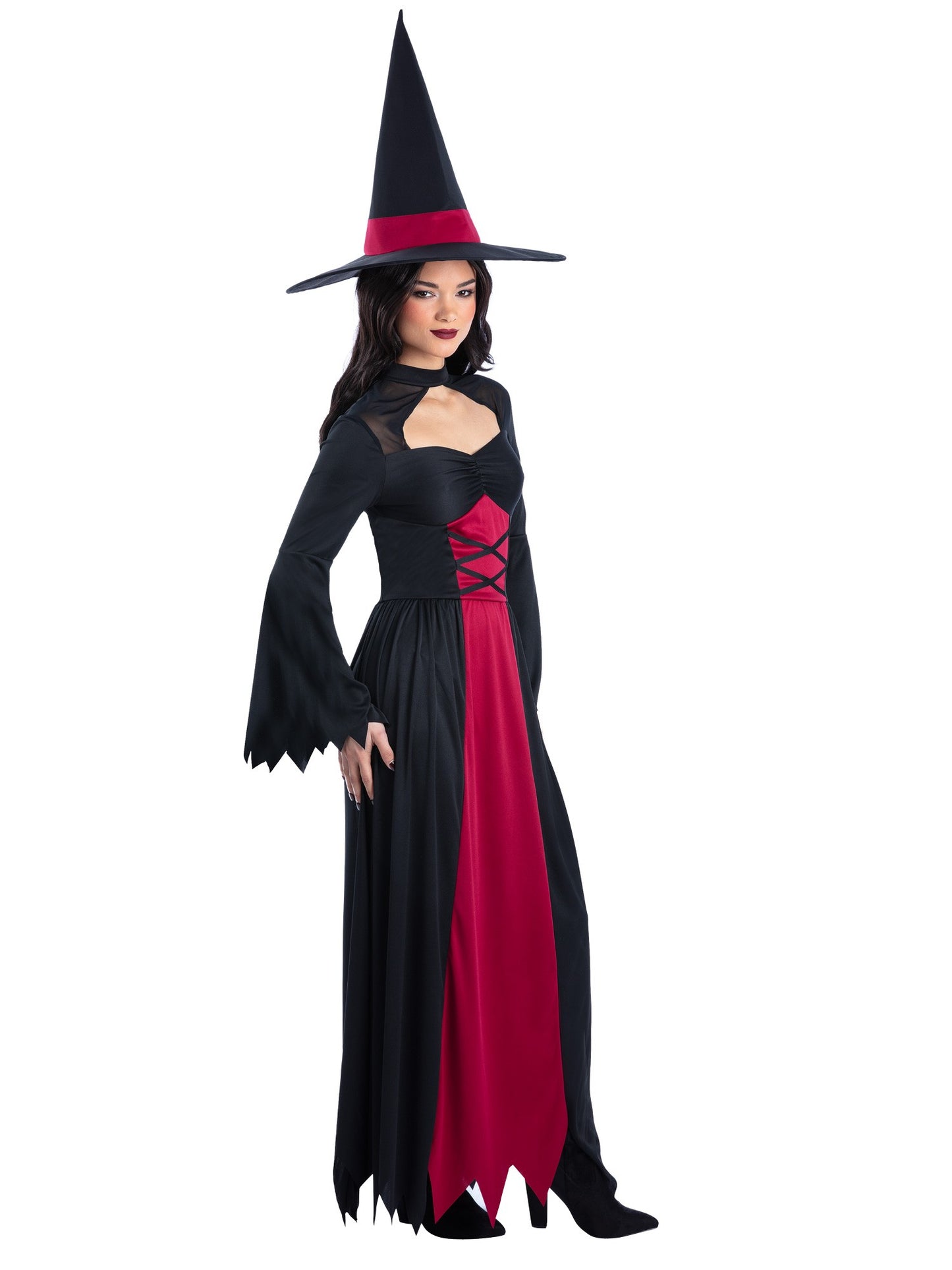 Smiffys Bewitched Kostüm rot für Damen mit Kleid und Hut – Seitenansicht