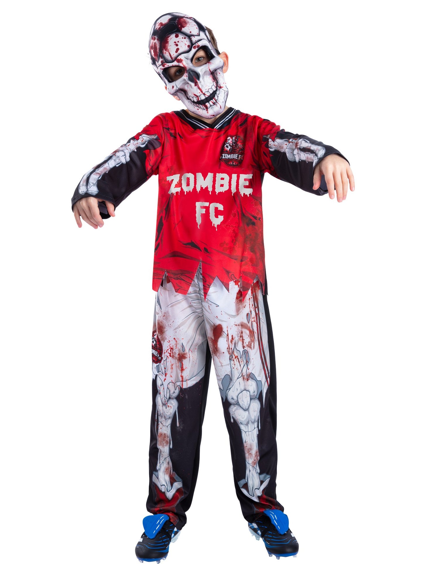 Smiffys rotes Zombie-Fussballer-Skelettkostüm für Jungen mit Oberteil, Hose und Maske