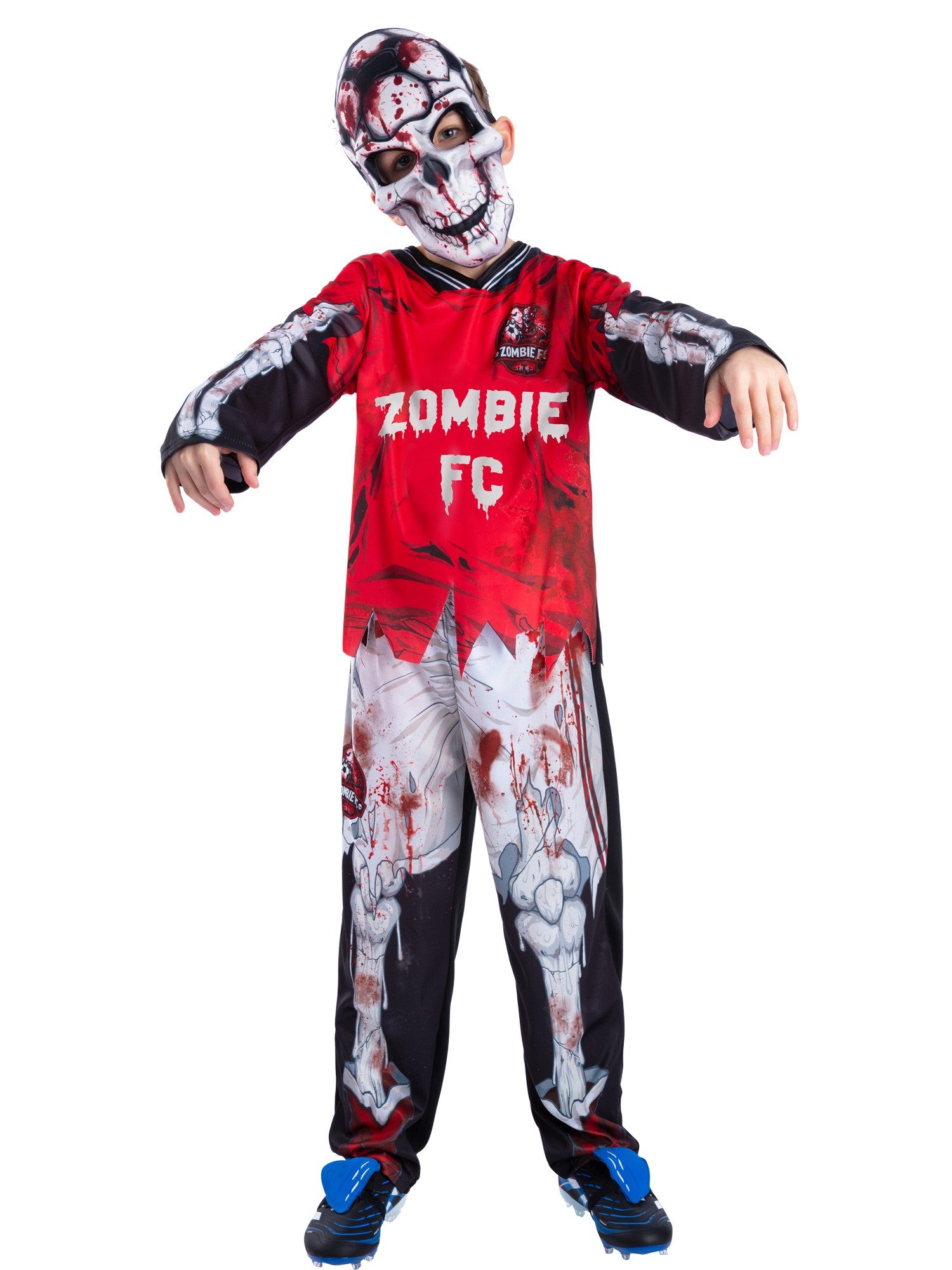 Smiffys rotes Zombie-Fussballer-Skelettkostüm für Jungen mit Oberteil, Hose und Maske
