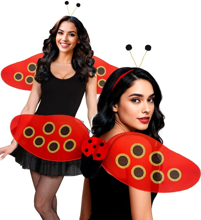 Marienkäfer Kostüm-Set mit roten Flügeln und schwarzen Antennen