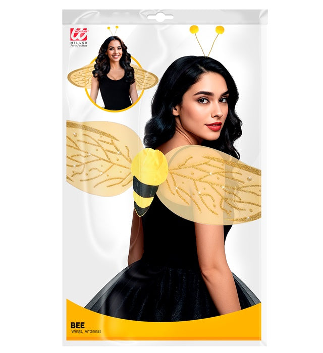 Biene Dress-up Set mit gelb-schwarzen Flügeln und Antennen für Fasnacht