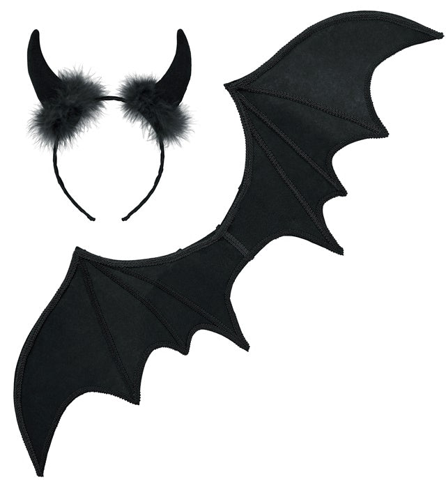 Schwarzes Teufel Kostüm Set mit Hörnern und Flügeln für Fasnacht