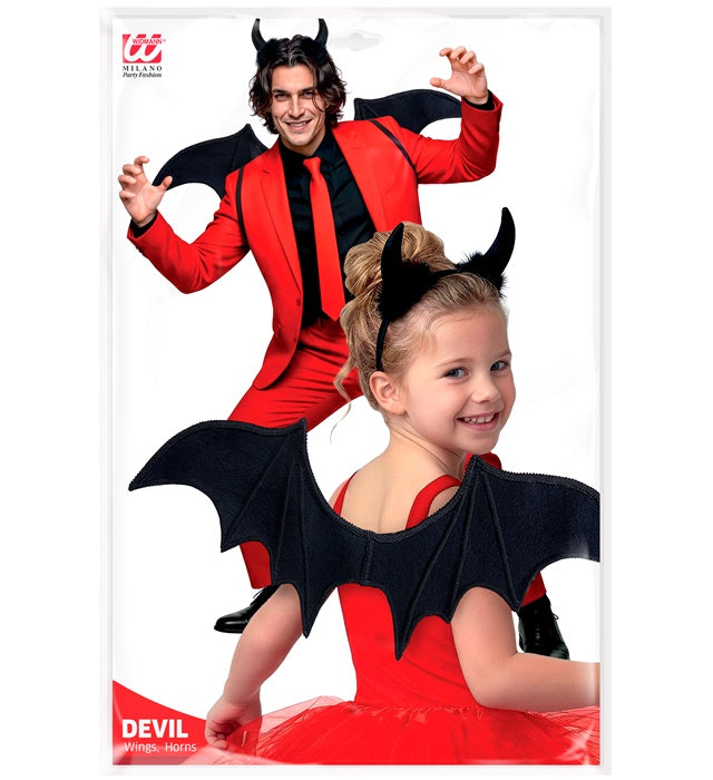 Schwarzes Teufel Kostüm Set mit Hörnern und Flügeln für Fasnacht