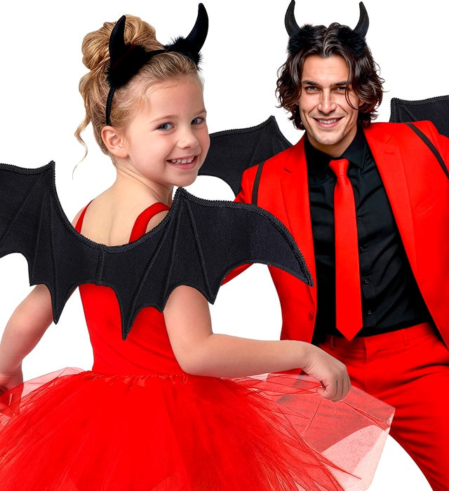 Schwarzes Teufel Kostüm Set mit Hörnern und Flügeln für Fasnacht