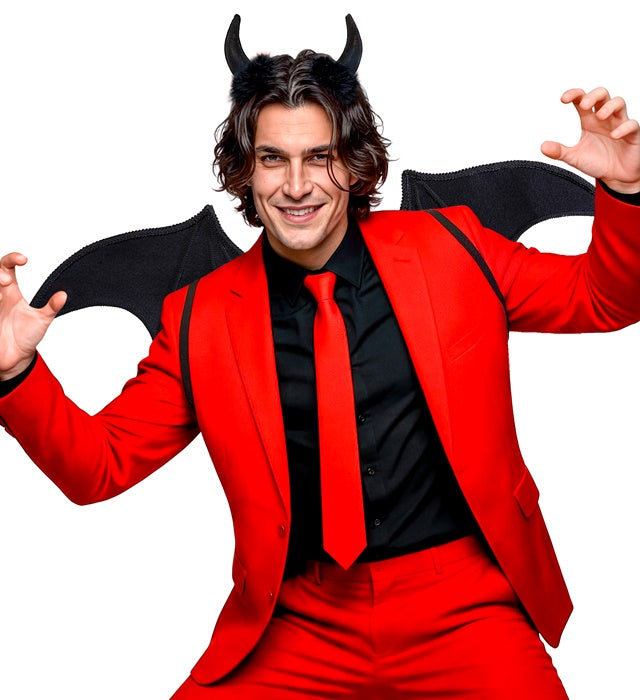 Schwarzes Teufel Kostüm Set mit Hörnern und Flügeln für Fasnacht