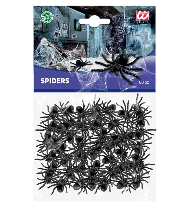 Set aus 60 realistischen schwarzen Spinnen für Fasnacht und Halloween Dekoration