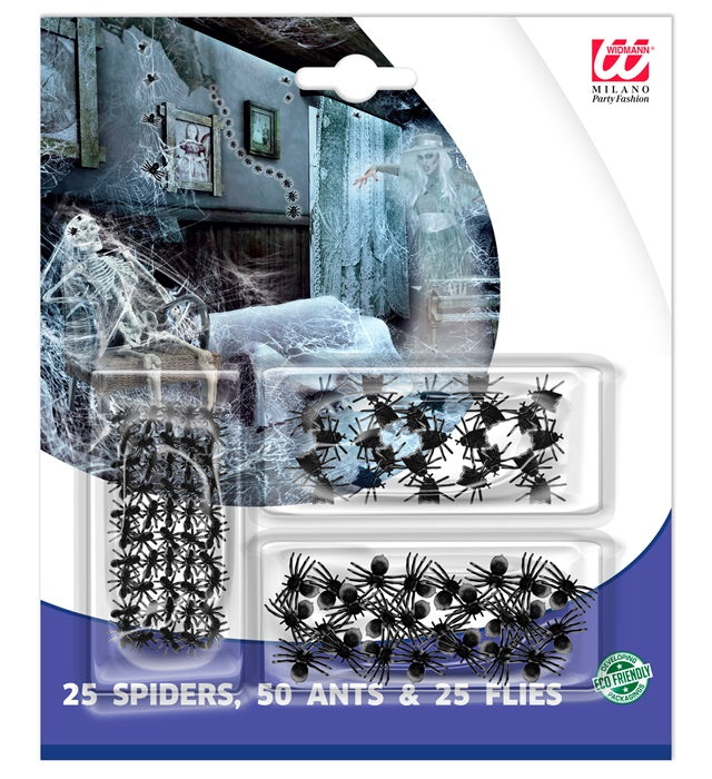 Set aus 50 Ameisen, 25 Spinnen und 25 Fliegen als Fasnachtsdekoration
