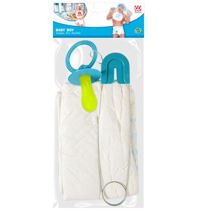 Blaues Baby Set mit Windel, Schnuller und Stecknadel als Fasnachtszubehör