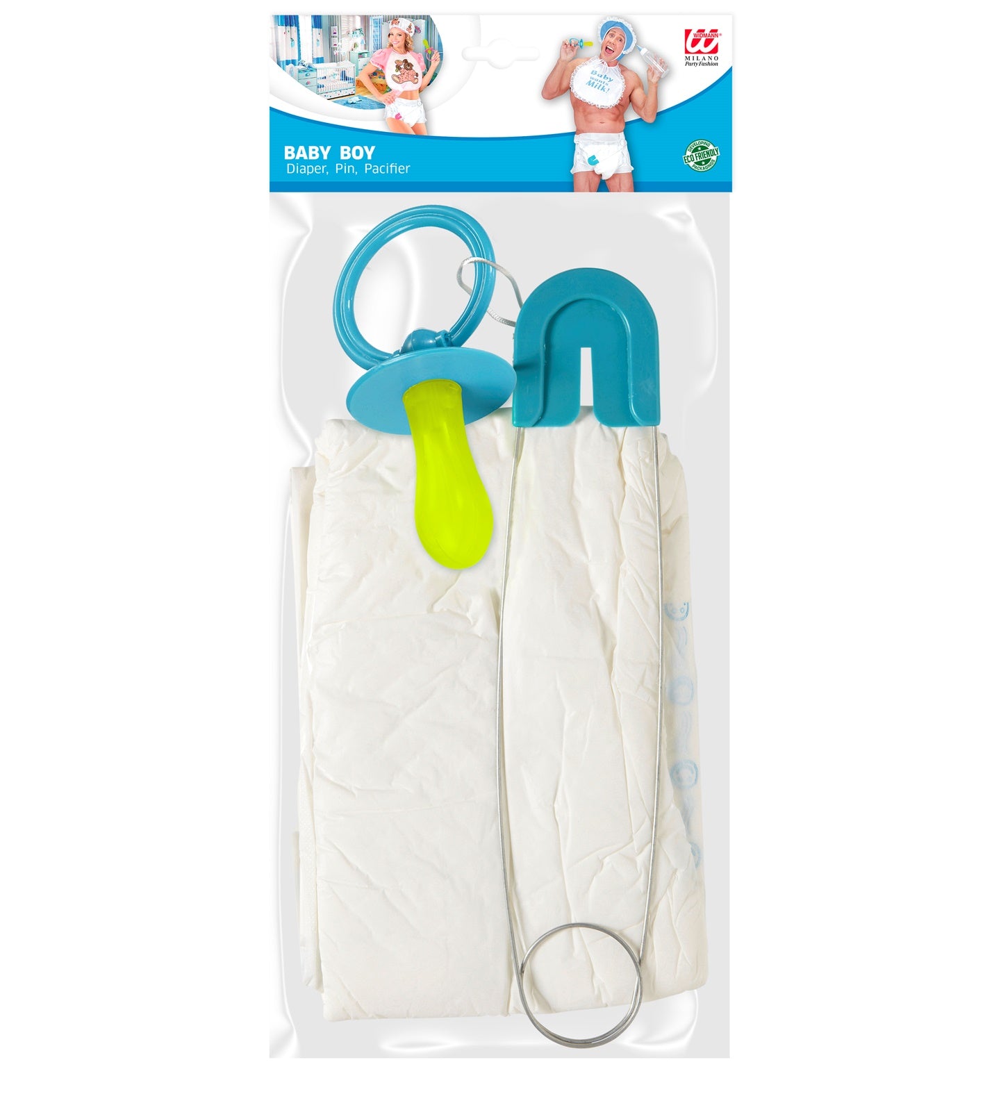 Blaues Baby Set mit Windel, Stecknadel, Schnuller