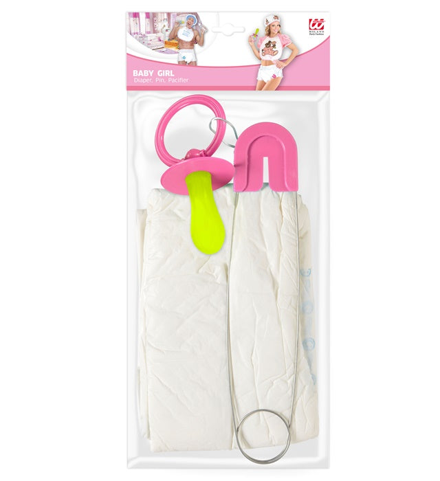 Rosa Baby Set mit Windel, Stecknadel und Schnuller als Kostümzubehör für Fasnacht