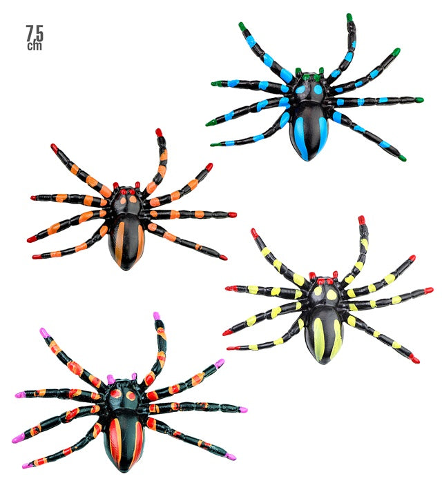 Set aus 4 bunten Kunststoff-Spinnen in verschiedenen Farben, je ca. 7,5 cm groß