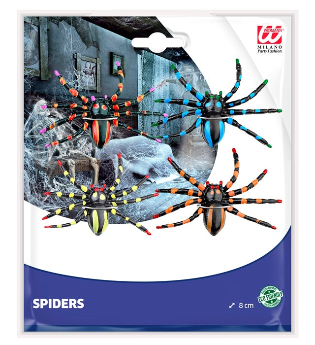 Set aus 4 bunten Kunststoff-Spinnen in verschiedenen Farben, je ca. 7,5 cm groß