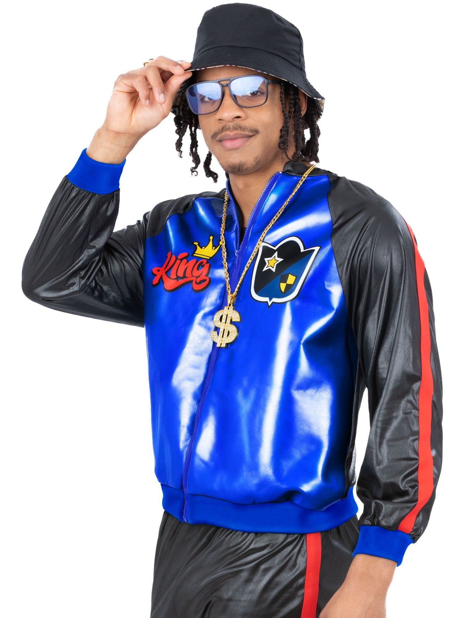Smiffys 1980er-Jahre Jam Master Jacket für Herren in Blau mit Retro-Badge-Prints