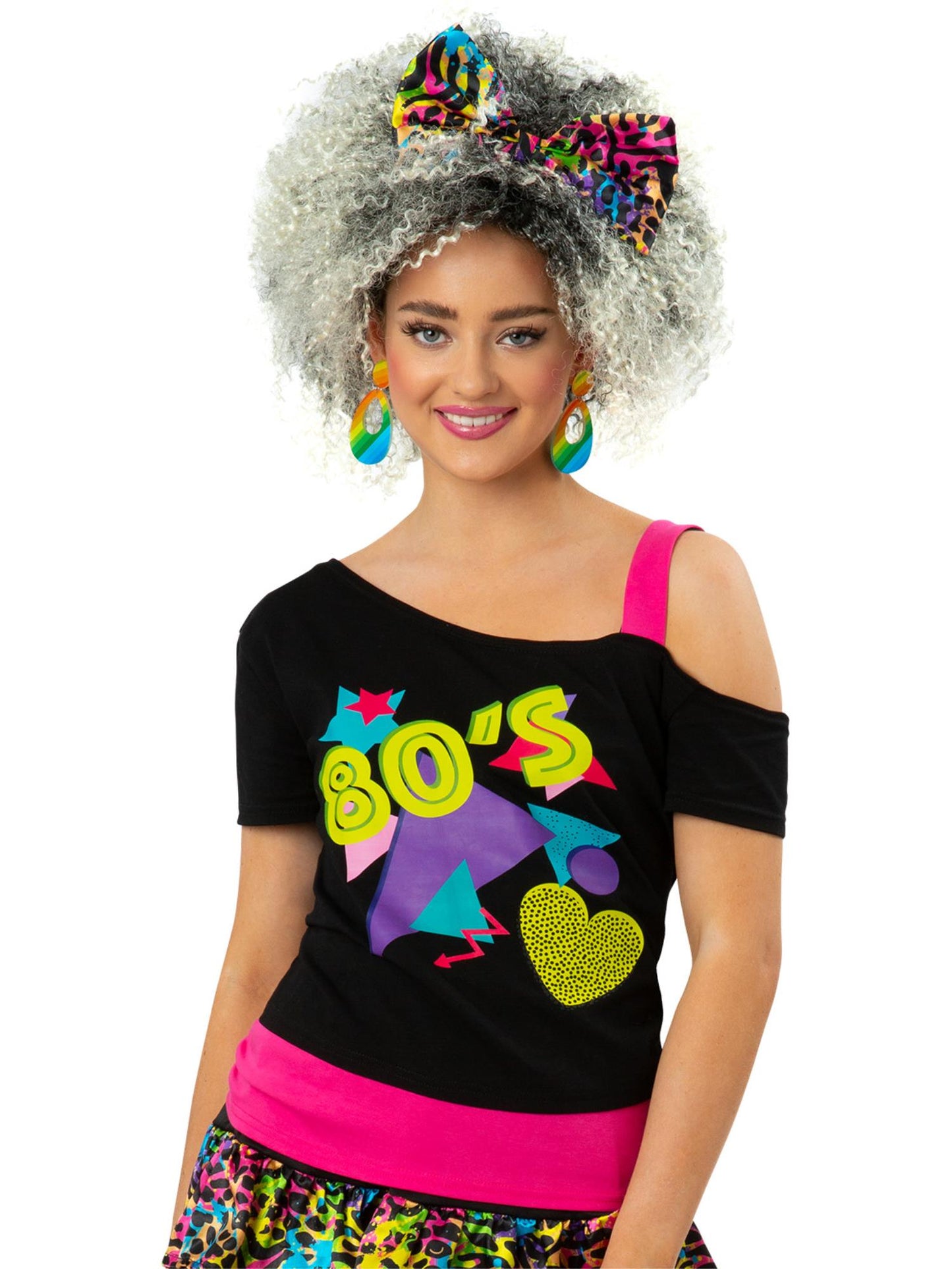 Smiffys schwarzes 1980er-Jahre-T-Shirt mit Off-Shoulder-Ausschnitt für Damen